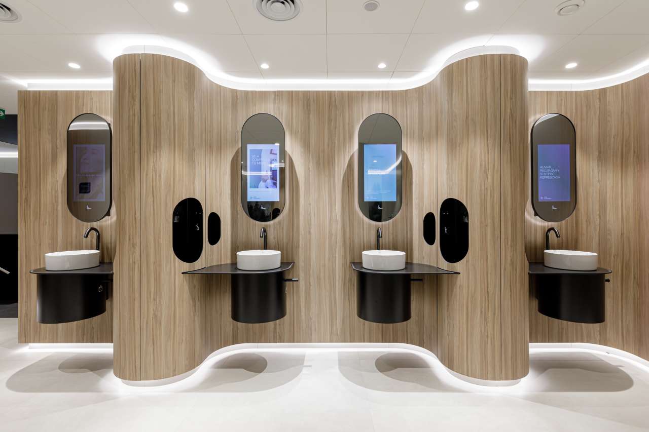Customisable modular designs cater for different visitor profiles, and through the use of organic shapes and nature-inspired elements, these public toilets offer visitors an environment that is both calming and healing. The 'organic clinic' design theme combines the warmth and character of natural materials like stone, wood, and textured fibres with the cleanliness and durability required for public spaces. Roca’s Inspira collection, including the round basin and wall-hung WC, fits perfectly into this design, ensuring both functionality and aesthetic appeal. The men's toilets feature Chic urinals combined with Sentronic electronic urinal flushing systems for enhanced hygiene and convenience, while the disabled toilets prioritise accessibility and comfort, with Access grab bars in a soothing white finish, an electronic flush plate in a sophisticated black glass finish, and a tilting mirror designed to accommodate various heights and needs. These carefully selected Roca products ensure that every visitor can enjoy a moment of comfort and wellbeing in a well- designed and functional space.3